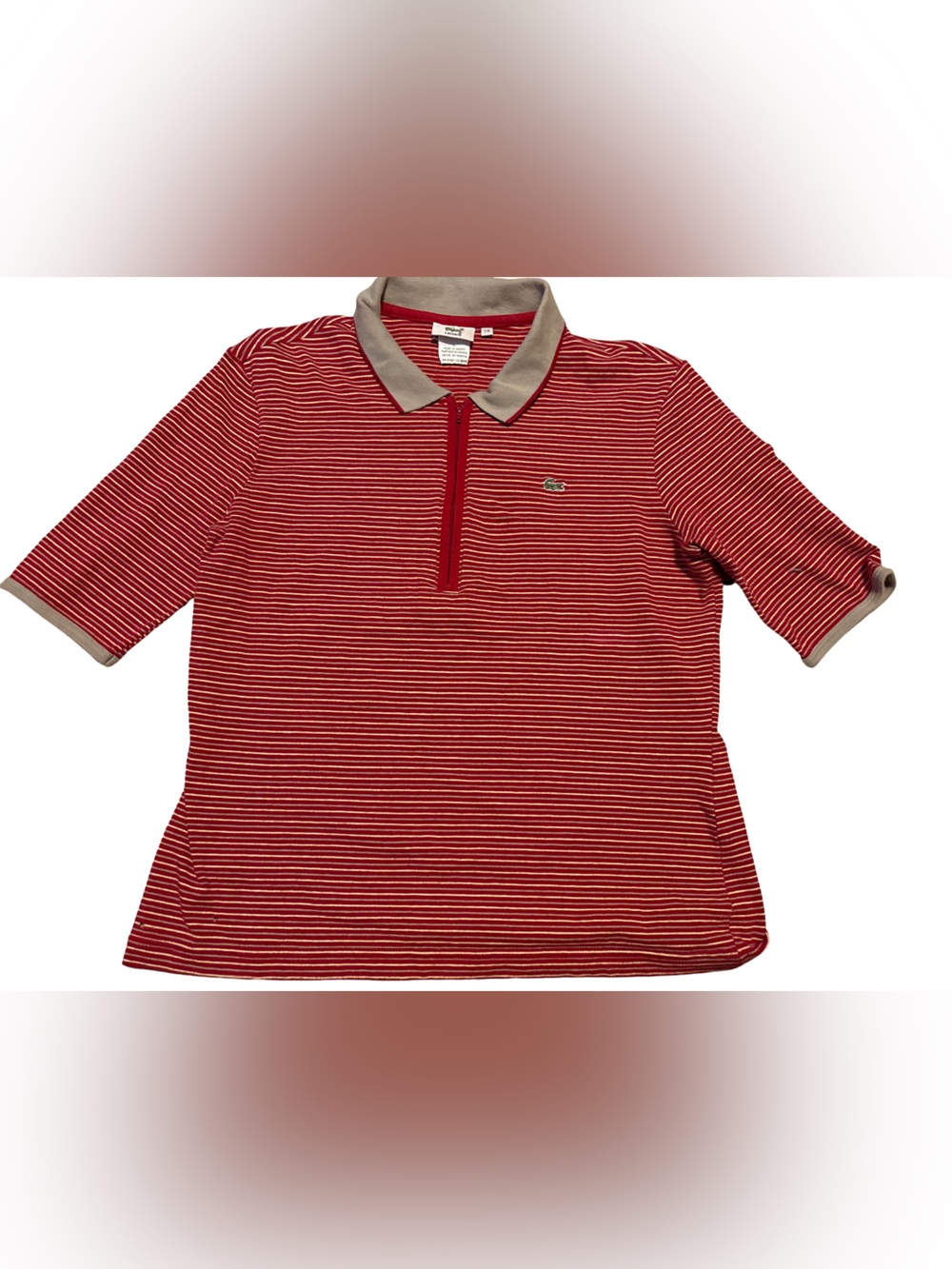 Lacoste Red & White Striped Polo Top with Tan Trim